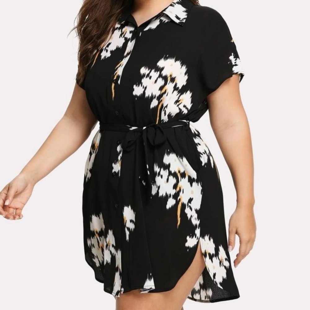 NWOT SHEIN Plus Dolphin Hem Belted Shirt Dress 1XL